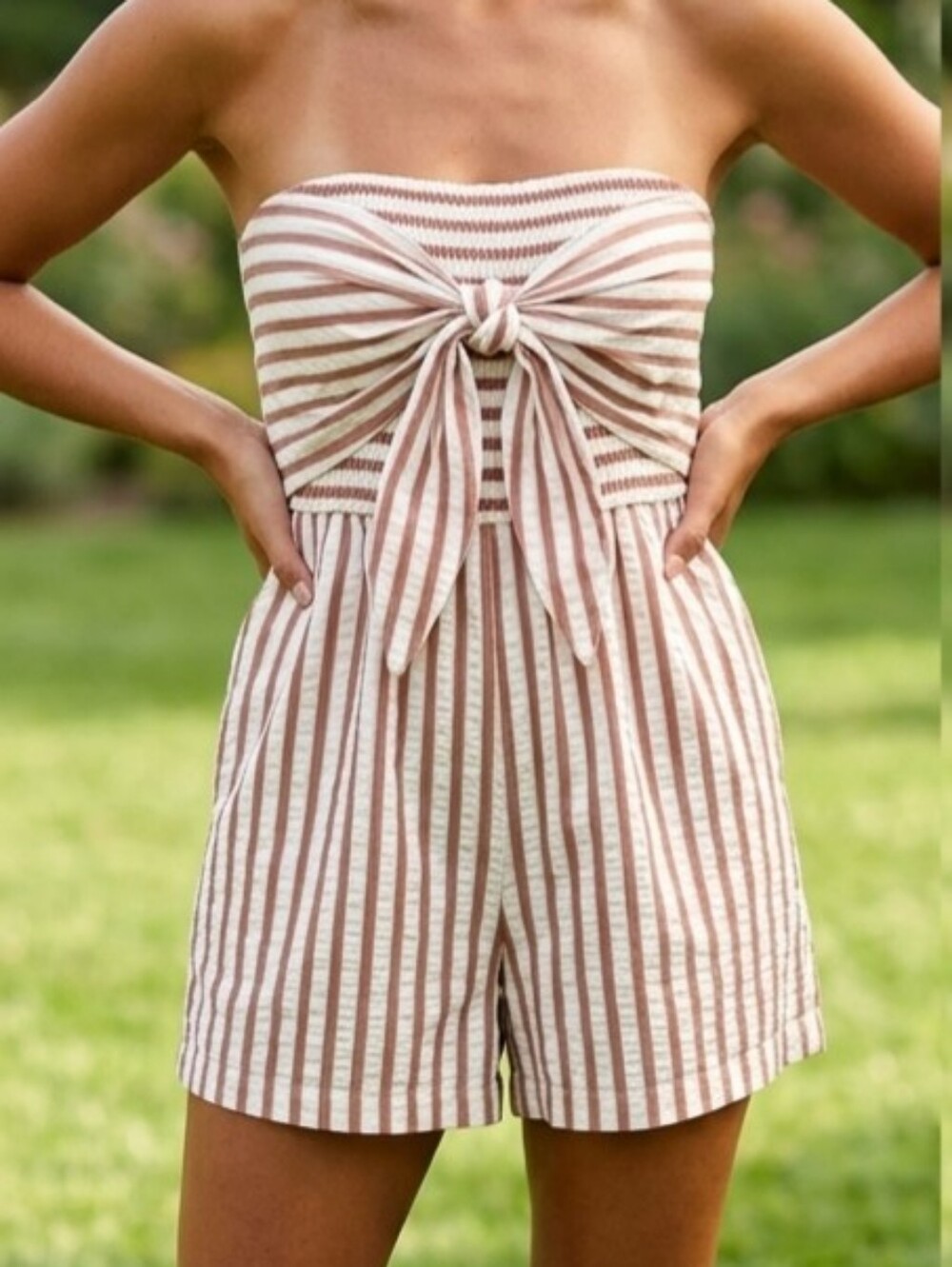 NWOT Striped Tie Front Cream and Mauve High-Waist Women’s Romper  (0087)